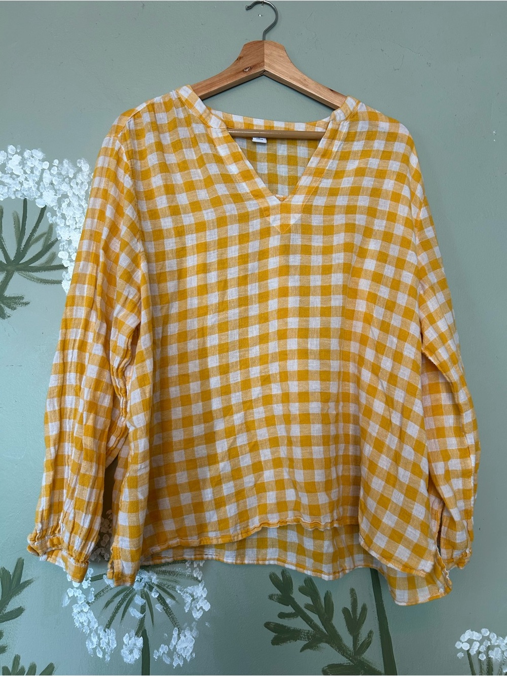 Sunflower Yellow Gingham V-Neck Long Sleeve Linen Blend Blouse